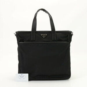 Prada Saffiano Triangle Logo Tessuto Tote Bag Black Card EFE